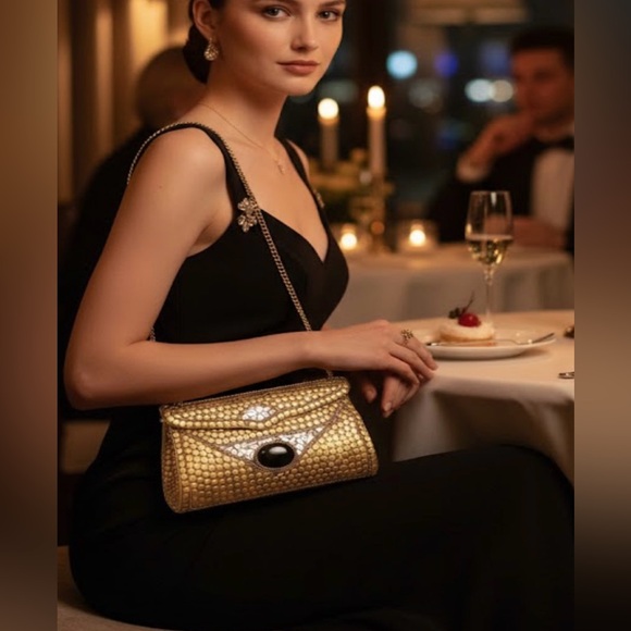 Vintage Mosaic Shell & Brass Evening Clutch | Art Deco Gold Chain Shoulder Bag